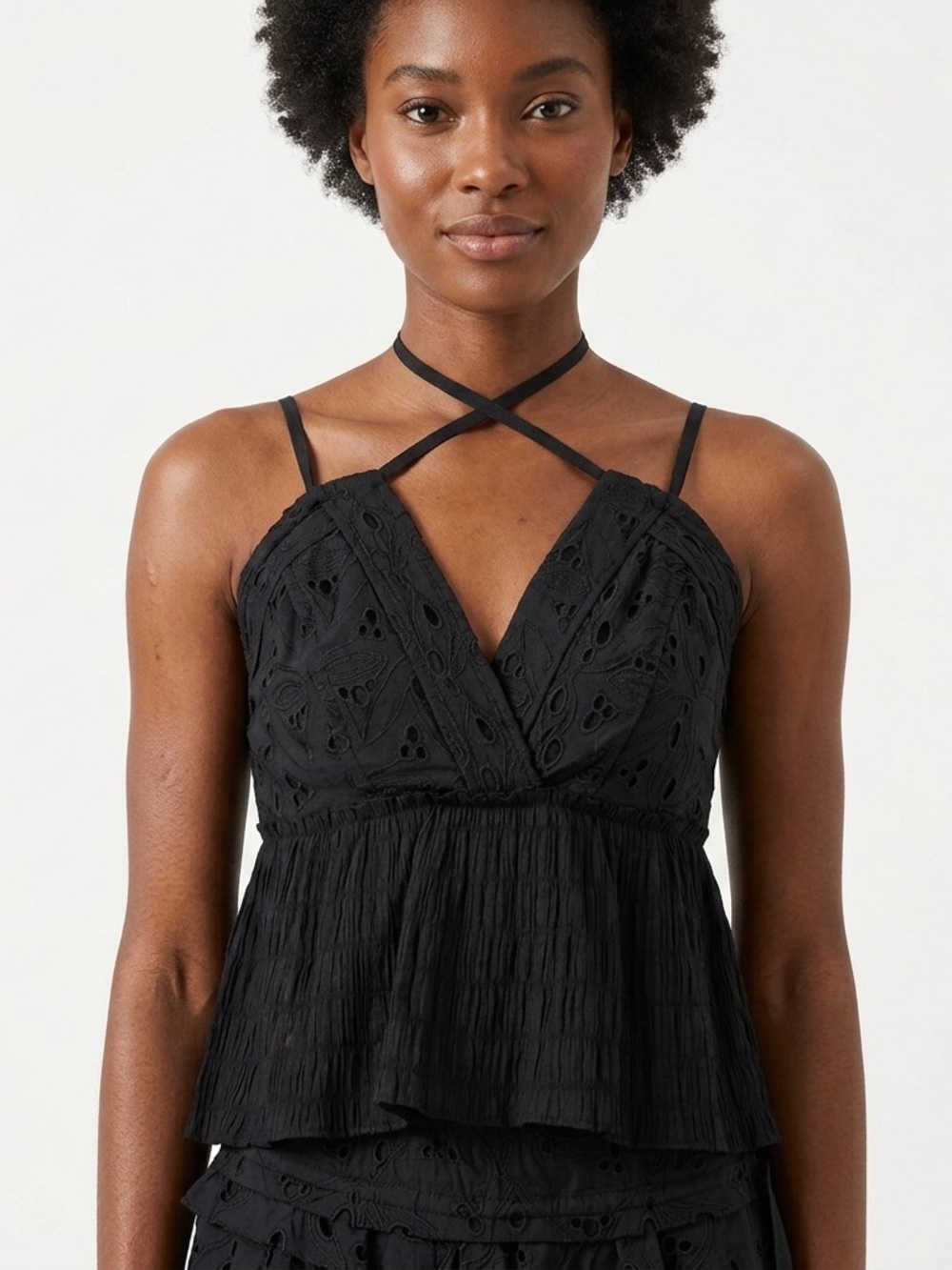 IRO Women’s Mireya Topwear 
Black Eyelet Lace Trim Blouse Size 36 100% Cotton